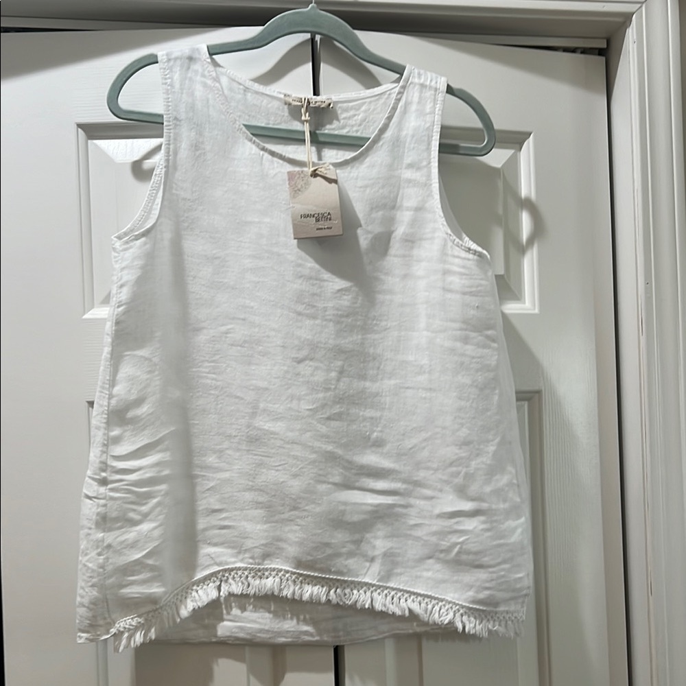 Gorgeous White Linen Top with Fringe Hem